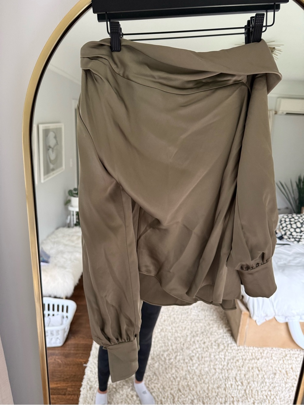 Jonathan Simkhai Olive Green Satin One-Shoulder Draped Blouse